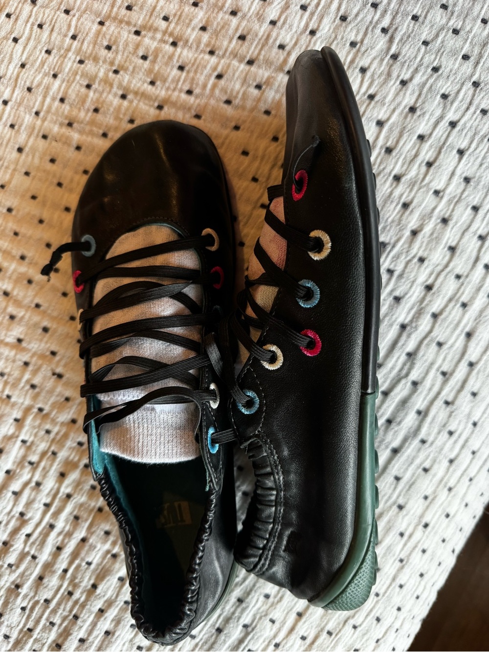 Size 40 Camper ‘Twins’ Black Leather Lace-Up Ballet Flats